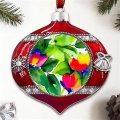 Watercolor Flowers Leaves Foliage Nature Floral Spring Metal Snowflake And Bell Red Ornament by Maspions