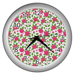 Flowers Leaves Roses Pattern Floral Nature Background Wall Clock (silver)