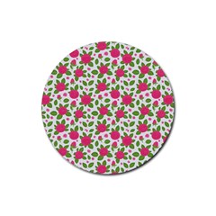 Flowers Leaves Roses Pattern Floral Nature Background Rubber Round Coaster (4 Pack)