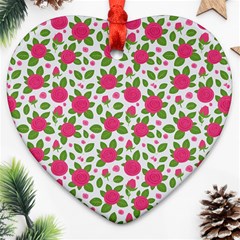 Flowers Leaves Roses Pattern Floral Nature Background Heart Ornament (two Sides)