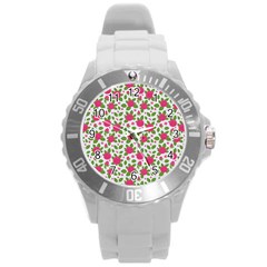 Flowers Leaves Roses Pattern Floral Nature Background Round Plastic Sport Watch (l)