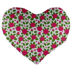 Flowers Leaves Roses Pattern Floral Nature Background Large 19  Premium Heart Shape Cushions