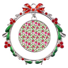 Flowers Leaves Roses Pattern Floral Nature Background Metal X mas Wreath Ribbon Ornament