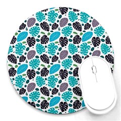 Leaves Monstera Pattern Nature Blue Purple Mauve Flora Round Mousepad by Maspions