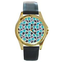 Leaves Monstera Pattern Nature Blue Purple Mauve Flora Round Gold Metal Watch