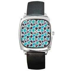 Leaves Monstera Pattern Nature Blue Purple Mauve Flora Square Metal Watch