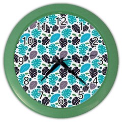 Leaves Monstera Pattern Nature Blue Purple Mauve Flora Color Wall Clock by Maspions