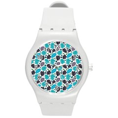 Leaves Monstera Pattern Nature Blue Purple Mauve Flora Round Plastic Sport Watch (m)