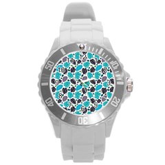 Leaves Monstera Pattern Nature Blue Purple Mauve Flora Round Plastic Sport Watch (l) by Maspions