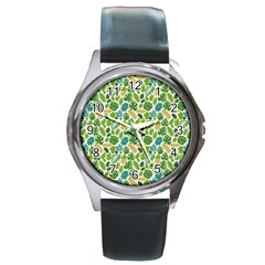 Leaves Tropical Background Pattern Green Botanical Texture Nature Foliage Round Metal Watch by Maspions