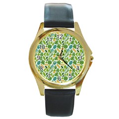 Leaves Tropical Background Pattern Green Botanical Texture Nature Foliage Round Gold Metal Watch