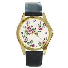 Vintage Flower Art Artwork Blooming Blossom Botanical Botany Nature Floral Pattern Round Gold Metal Watch