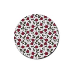 Roses Flowers Leaves Pattern Scrapbook Paper Floral Background Rubber Round Coaster (4 Pack)