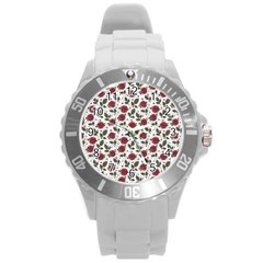 Roses Flowers Leaves Pattern Scrapbook Paper Floral Background Round Plastic Sport Watch (l) by Maspions