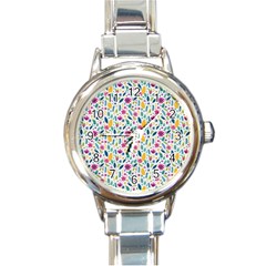 Background Pattern Leaves Pink Flowers Spring Yellow Leaves Round Italian Charm Watch by Maspions