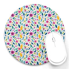 Background Pattern Leaves Pink Flowers Spring Yellow Leaves Round Mousepad