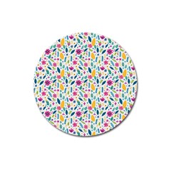 Background Pattern Leaves Pink Flowers Spring Yellow Leaves Magnet 3  (round)