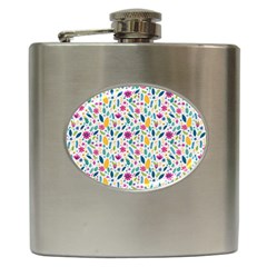 Background Pattern Leaves Pink Flowers Spring Yellow Leaves Hip Flask (6 Oz) by Maspions