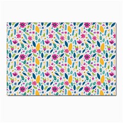 Background Pattern Leaves Pink Flowers Spring Yellow Leaves Postcard 4 x 6  (pkg Of 10)