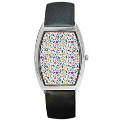 Background Pattern Leaves Pink Flowers Spring Yellow Leaves Barrel Style Metal Watch by Maspions