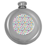 Background Pattern Leaves Pink Flowers Spring Yellow Leaves Round Hip Flask (5 oz) Front