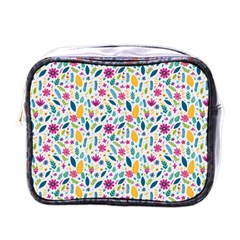 Background Pattern Leaves Pink Flowers Spring Yellow Leaves Mini Toiletries Bag (one Side) by Maspions