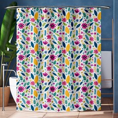 Background Pattern Leaves Pink Flowers Spring Yellow Leaves Shower Curtain 60  X 72  (medium) 