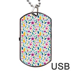 Background Pattern Leaves Pink Flowers Spring Yellow Leaves Dog Tag Usb Flash (one Side)