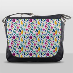 Background Pattern Leaves Pink Flowers Spring Yellow Leaves Messenger Bag