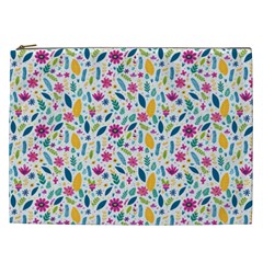 Background Pattern Leaves Pink Flowers Spring Yellow Leaves Cosmetic Bag (xxl)