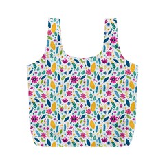 Background Pattern Leaves Pink Flowers Spring Yellow Leaves Full Print Recycle Bag (m)