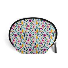 Background Pattern Leaves Pink Flowers Spring Yellow Leaves Accessory Pouch (small) by Maspions