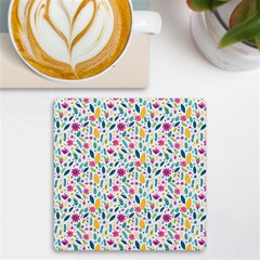 Background Pattern Leaves Pink Flowers Spring Yellow Leaves Uv Print Square Tile Coaster 