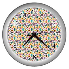 Floral Flowers Leaves Tropical Pattern Wall Clock (silver) by Maspions