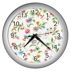 Vintage Floral Flower Pattern Art Nature Blooming Blossom Botanical Botany Wall Clock (silver) by Maspions