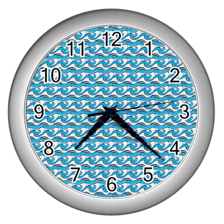 Blue Wave Sea Ocean Pattern Background Beach Nature Water Wall Clock (Silver)