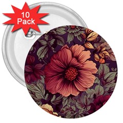 Flowers Pattern Texture Design Nature Art Colorful Surface Vintage 3  Buttons (10 Pack) 