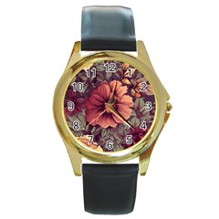 Flowers Pattern Texture Design Nature Art Colorful Surface Vintage Round Gold Metal Watch