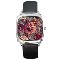 Flowers Pattern Texture Design Nature Art Colorful Surface Vintage Square Metal Watch