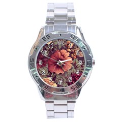 Flowers Pattern Texture Design Nature Art Colorful Surface Vintage Stainless Steel Analogue Watch