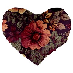 Flowers Pattern Texture Design Nature Art Colorful Surface Vintage Large 19  Premium Heart Shape Cushions