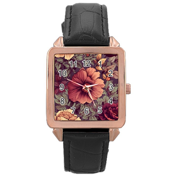 Flowers Pattern Texture Design Nature Art Colorful Surface Vintage Rose Gold Leather Watch 