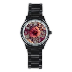 Flowers Pattern Texture Design Nature Art Colorful Surface Vintage Stainless Steel Round Watch