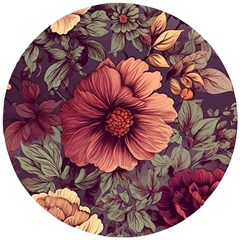 Flowers Pattern Texture Design Nature Art Colorful Surface Vintage Wooden Puzzle Round by Maspions