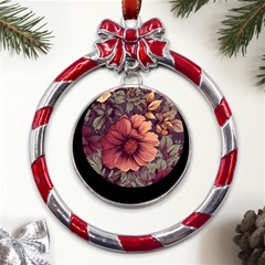 Flowers Pattern Texture Design Nature Art Colorful Surface Vintage Metal Red Ribbon Round Ornament by Maspions