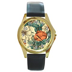 Flowers Pattern Texture Art Colorful Nature Painting Surface Vintage Round Gold Metal Watch