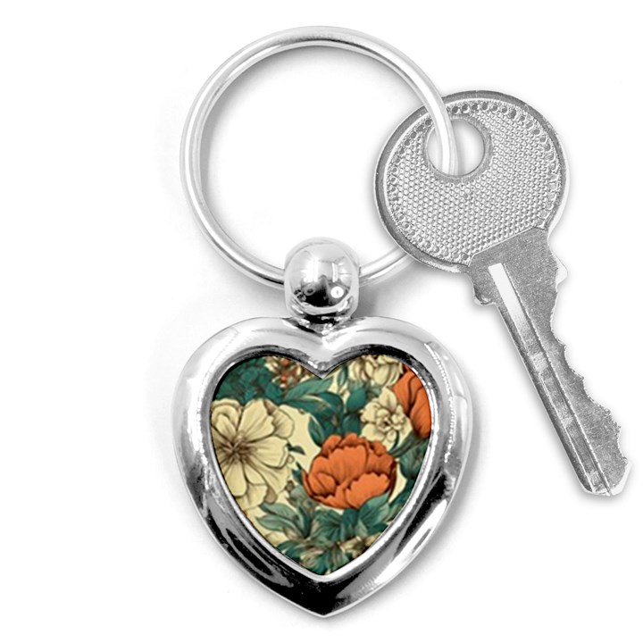 Flowers Pattern Texture Art Colorful Nature Painting Surface Vintage Key Chain (Heart)