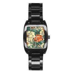 Flowers Pattern Texture Art Colorful Nature Painting Surface Vintage Stainless Steel Barrel Watch