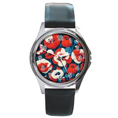 Red Poppies Flowers Art Nature Pattern Round Metal Watch by Maspions