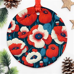 Red Poppies Flowers Art Nature Pattern Ornament (round)